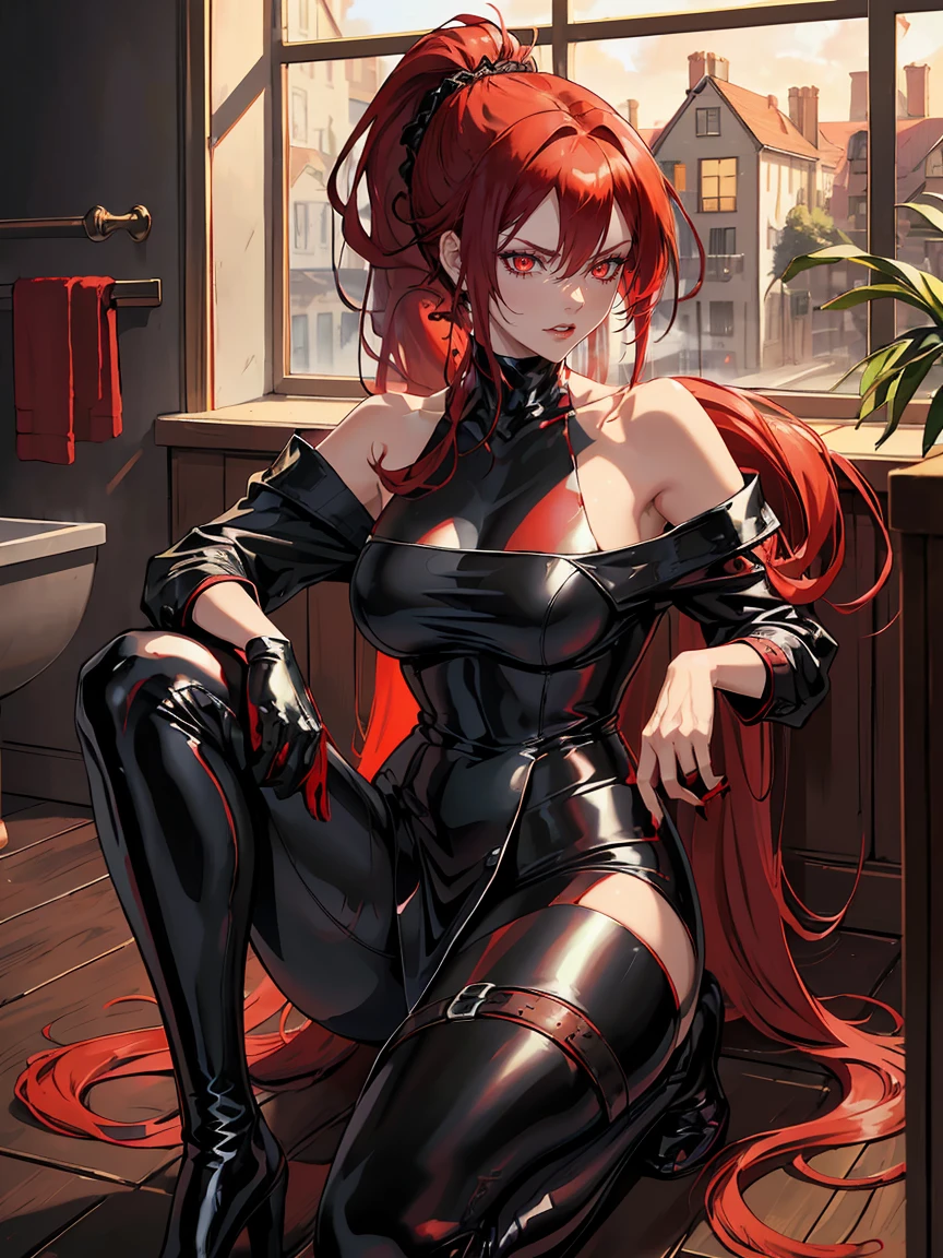 Long RED hair, crimson eyes, evil, sexy, black and red clothes, evil face, evil, serious look, gloss lips, sinister, front look, bloody, gloves, close up, portrait, beautiful eyes, big white, dark place, night, sensual, straight hair cut, clear skin, evil, young 30 years girl, adult girl, solo, red, very long hair, ankle length hair, handsome older WOMAN，crimson-eyes，crimson pupils，Long white hair，Hyperresolution，accuracy，Detailed rendering,（Image of fine hair）（topquality）（Masterpieces of masters）（High degree of completeness）（A sense of atmosphere）tmasterpiece，Super detailed and super detailed（((full-body)))(((Sexy black loose latex outfit)))(((Baggy street outfit latex)))(((Older woman)))(((Mature woman)))(((Red hair)))) ((((Crimsons eyes)))(((Bath house))) (((Wearing a towel))) (((Hair tied back into long ponytail)))