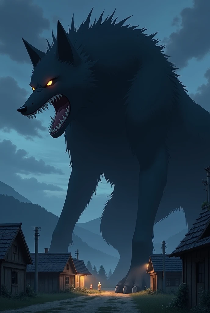 The image is anime style cowboy bebop and Darker than black with shadows and dim lights, anime style although somewhat adult and dark, It shows a gigantic black fox with a long snout and sharp teeth., barking between wooden houses. The wolf is so big that the houses are not even as big as his legs.. It&#39;s night, you can see hills behind
