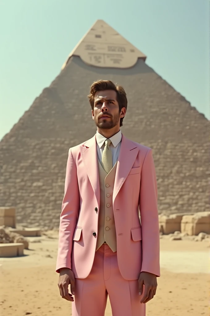 Man in baby pink suit, chestnut hair, Scrawny, Saint Thomas of Letters, Pyramid
