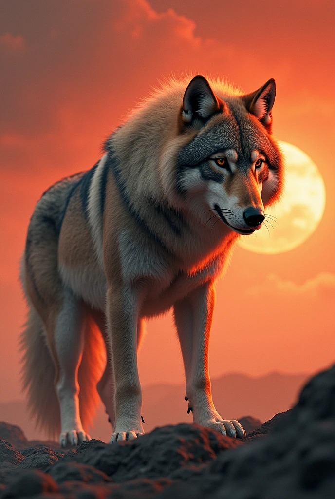 This is a surreal 32K Russia, Portrait of the mythical beast wild wolf, Capture every pore and texture with delicate texture and form, A huge wild wolf with golden stripe, Contrast with the surrounding landscape,((Super massive)),red color,In the background are the sky, Unreal Engine5,Dreamy scenes,Shocking