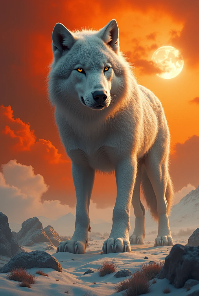 This is a surreal 32K Russia, Portrait of the mythical beast wild wolf, Capture every pore and texture with delicate texture and form, A huge wild wolf with golden stripe, Contrast with the surrounding landscape,((Super massive)),red color,In the background are the sky, Unreal Engine5,Dreamy scenes,Shocking