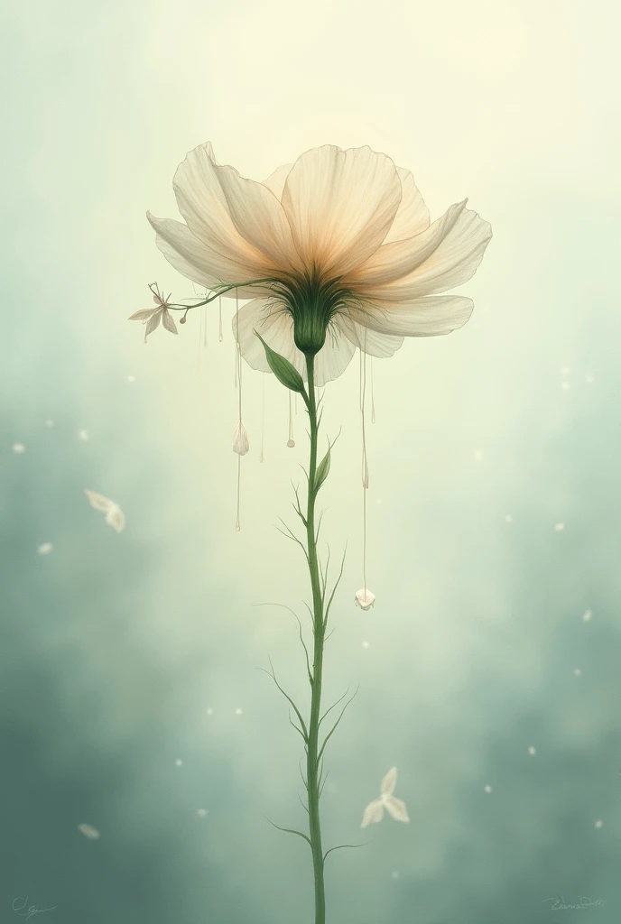 A flower with its petals falling in a watercolor style , with the title " Imperfect Poem"