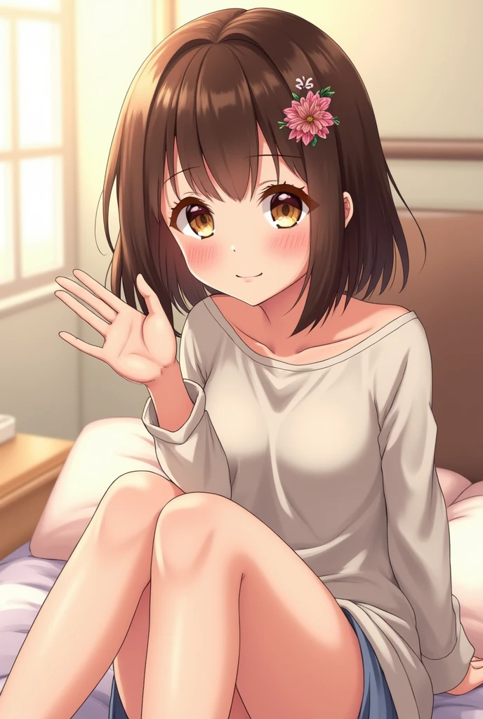 A pretty girl with bright brown eyes, with her channel cut hair and dark brown hair color, with a height of 1&#39;60, she was sitting on the bed, waving smiling radiantly, anime drawing 