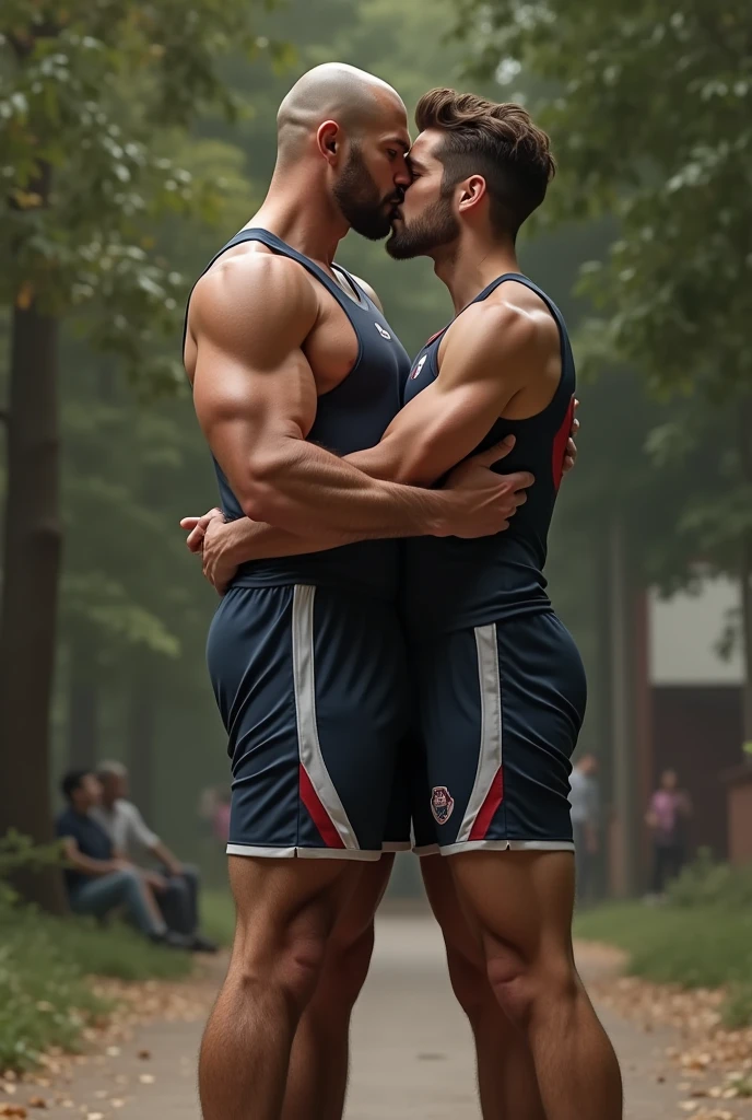 Photo realistic image of handsome 50 year old white teacher, tall and beardless, muscled guy on a date in tight sports uniform on his big hairy muscular legs in love with a student boy young slim uniformed guy kissing