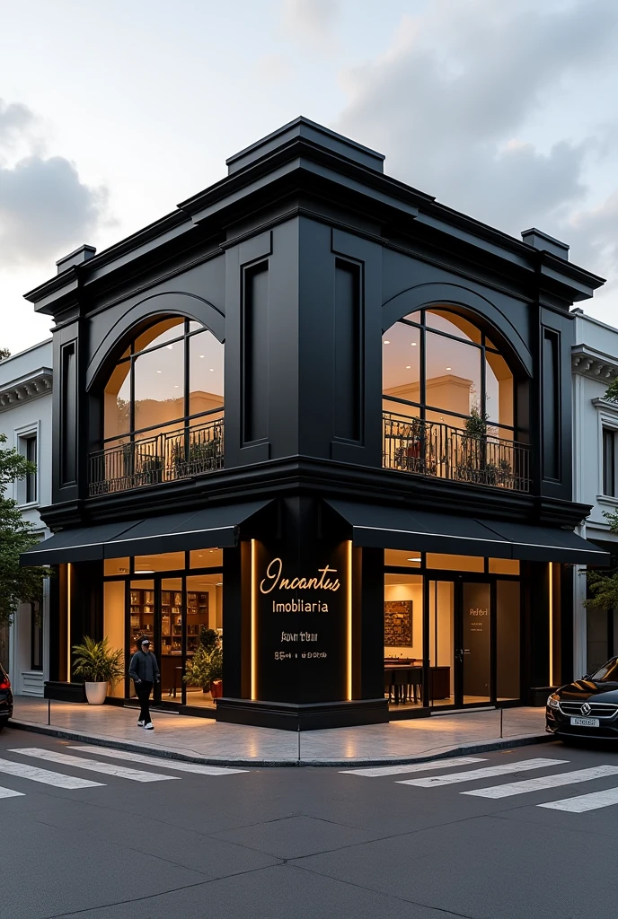 corner property , with accessible facade and sidewalks , black and gold color with Incantus Imobiliaria sign , black and gold , office ground floor