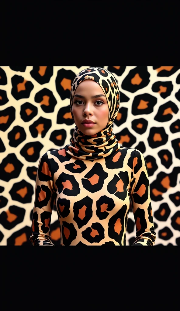 The beautiful,slender thin and clever asian muslimah adult girl with beautiful and shiny cheeks wears leopard print lycra turtleneck unitard catsuit covered with spots and leopard print lycra elastane stretchy dancewear square hijab covered with spots.