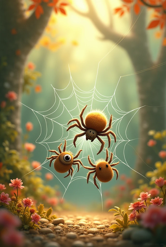 Generate a collection of images. That the characters always appear the same, that they do not change their appearance and that they are VERY tender. The image must be for children Image 3: It shows the little spider with a web that is different from the other spiders..