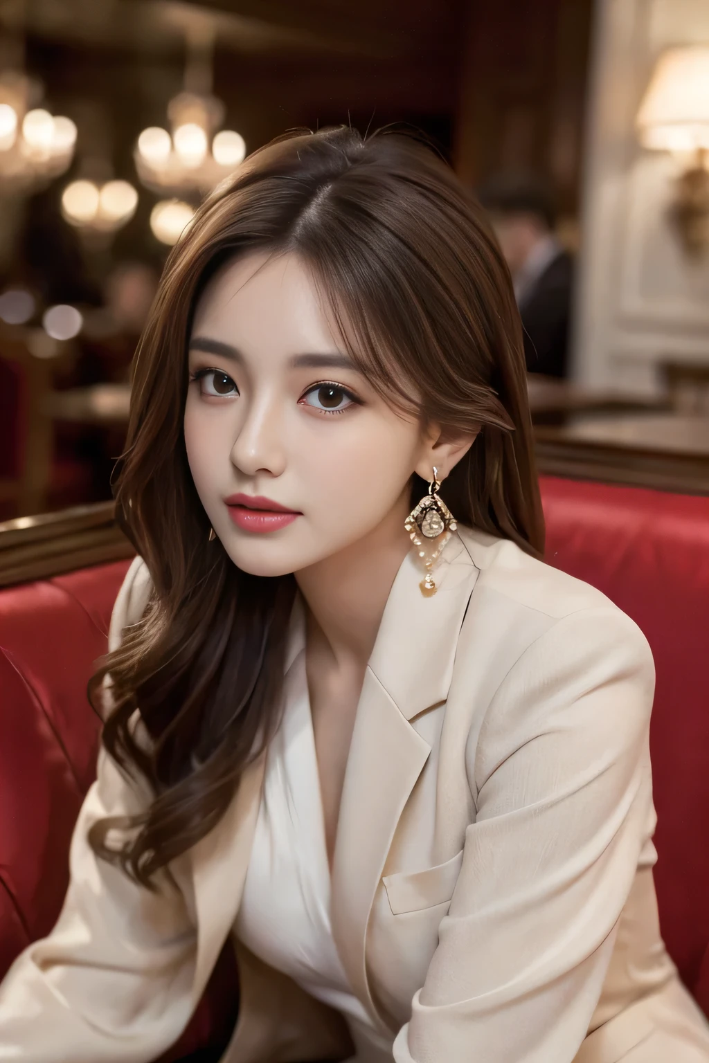 masterpiece, Highest quality, Realistic, Very detailed, Finer details, High resolution, 8k wallpaper, One beautiful woman, Wear a nice suit, In a great restaurant, At night, Light brown messy hair, Perfect dynamic composition, Beautiful and beautiful eyes、Big earrings、Sit on the sofa