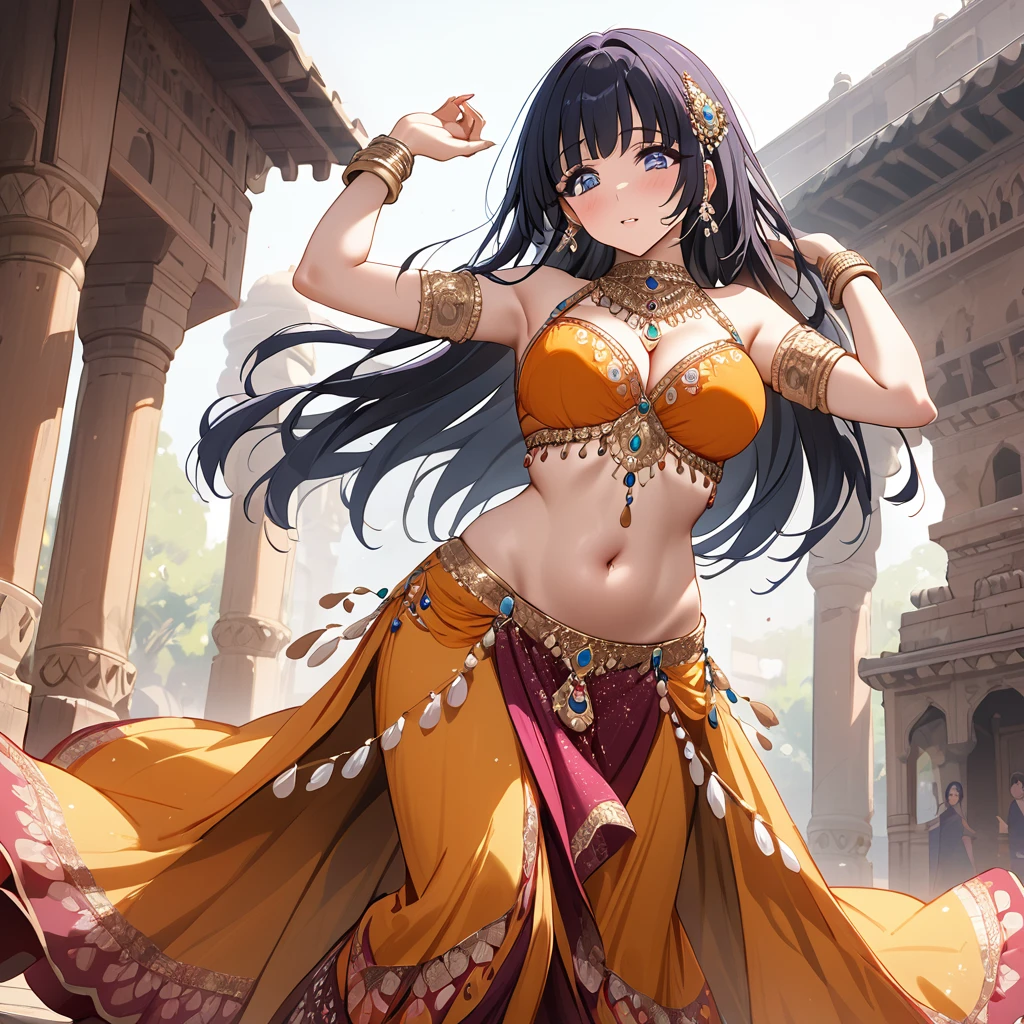 ((Highest quality)), ((masterpiece)), (detailed), (Perfect Face)、The woman is Reika Aoki with semi-long hair、A woman is dancing Indian belly dance in an Indian belly dance costume in India
