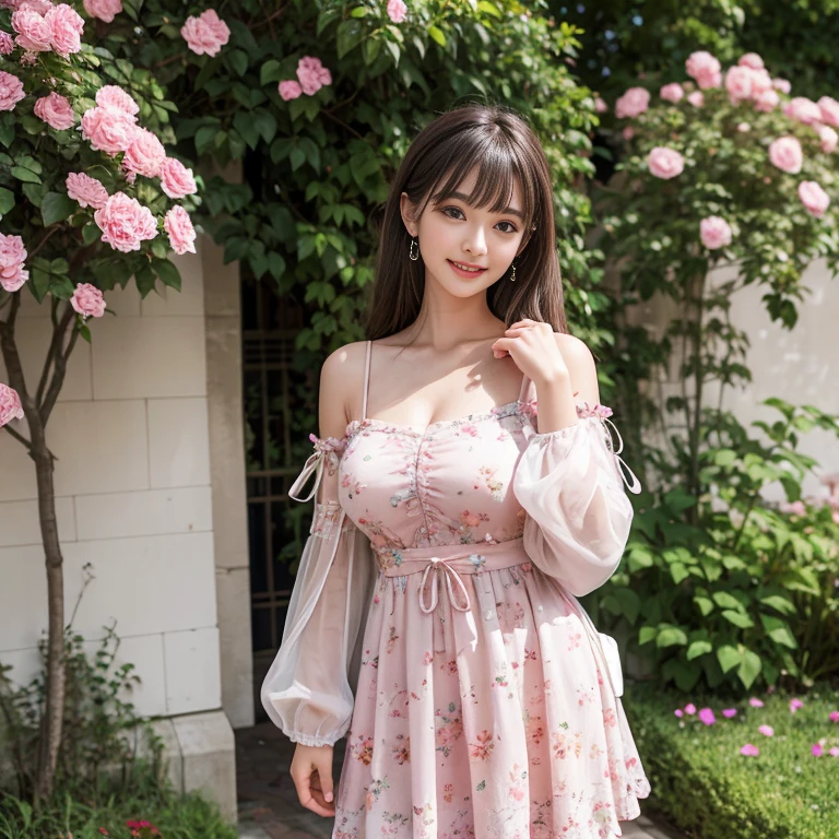 laughing out loud，travel scenery photos，Put on a sweet dress，Green floral pattern dress，Floral pattern scattered throughout the dress，Puff sleeves，公主Puff sleeves，Puff sleeves蓋住肩膀，Puff sleeves cover shoulders，Short sleeve，A-line dress，（There is a layer of transparent mesh outside the skirt）, Fluffy and lightweight dress，（The dress is made of mesh）, There are pink ribbon bows on both sides of the collarbone.，High hem A-line skirt，1 female, On the face, light brown hair, blunt bangs, hair behind ears, Shoulder length hair, long hair, Slender body type, 超face slimming型, face slimming, delicate lips, beautiful eyes, Thin blush, Eyes are light brown,Check it out here, (actual:1.3), One person's perspective, 8k, Super detailed, high quality, best quality, High resolution，2,above knee shot，Breast protrusion，plump breasts, Breasts in clothes，Clothing covers the breasts