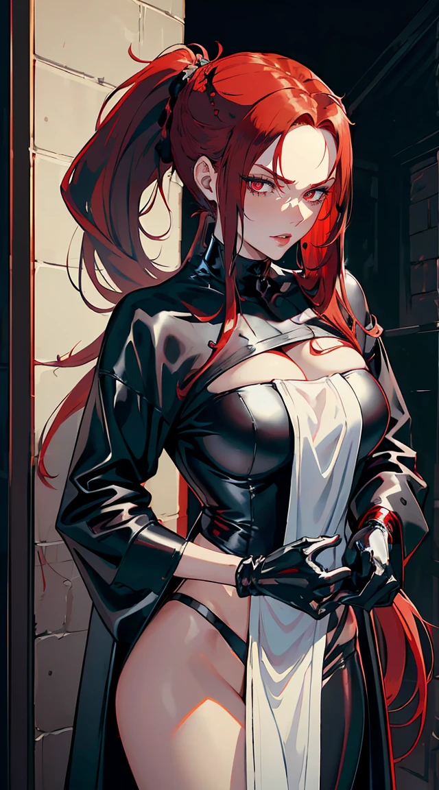 Long RED hair, crimson eyes, evil, sexy, black and red clothes, evil face, evil, serious look, gloss lips, sinister, front look, bloody, gloves, close up, portrait, beautiful eyes, big white, dark place, night, sensual, straight hair cut, clear skin, evil, young 30 years girl, adult girl, solo, red, very long hair, ankle length hair, handsome older WOMAN,crimson-eyes,crimson pupils,Long white hair,Hyperresolution,accuracy,Detailed rendering,(Image of fine hair)(topquality)(Masterpieces of masters)(High degree of completeness)(A sense of atmosphere)tmasterpiece,Super detailed and super detailed(((full-body)))(((Sexy black loose latex outfit)))(((Baggy street outfit latex)))(((Older woman)))(((Mature woman)))(((Red hair)))) ((((Crimsons eyes)))(((Bath house))) (((Wearing a towel))) (((Hair tied back into long ponytail)))