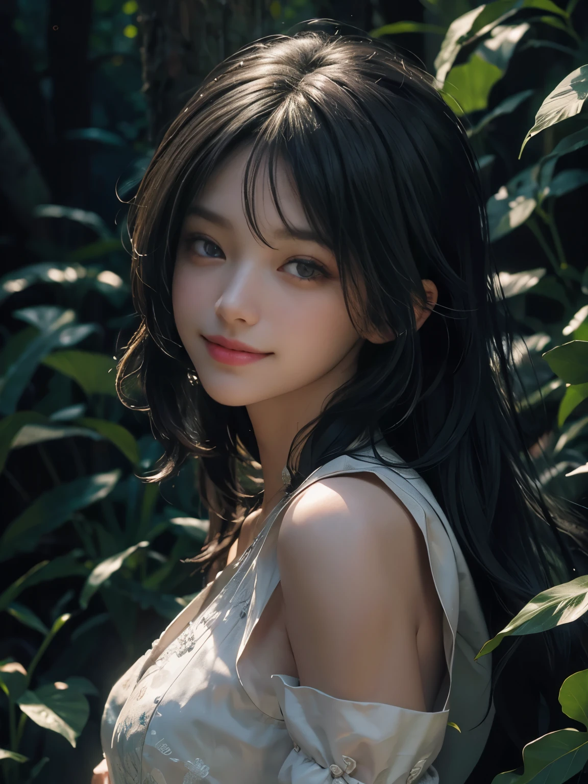 (ultra realistic) , (illustration), (increase resolution), (8K), (extremely detailed), (best illustration), (beautiful detailed eyes), (best quality), (ultra-detailed), (masterpiece), (wallpaper), (detailed face), 1 girl, black straight hair, slender body, delicate details, in the dark, deep shadow, low key, pureerosfaceace_v1, happy smile, summer dress, waterfall, rainforest