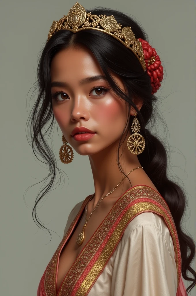 Woman with Asian features but with dark skin, dressed in the traditional Saudi Arabian costume, and that it is very realistic