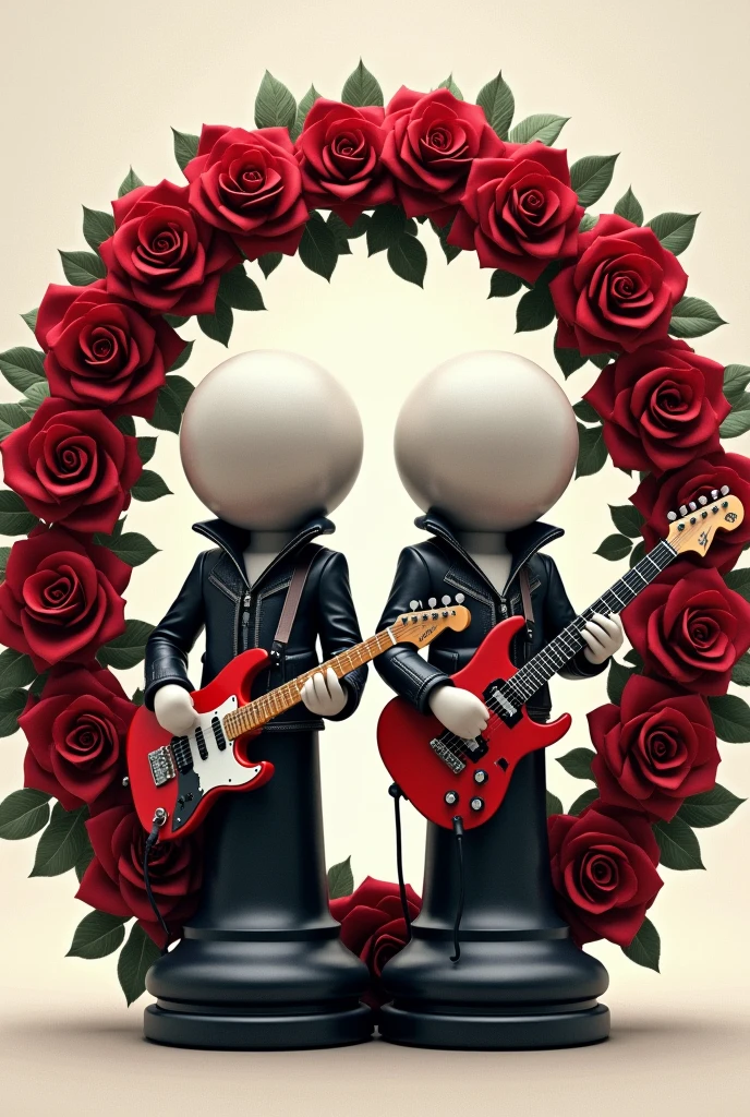 Create two characters that are chess pawns wearing a leather jacket and holding an electric guitar.. The head should be spherical without eyes similar to a real chess pawn and without legs like the base of a real chess pawn.. The base, The head and hands must be white.... Surround the characters with a circular garland of red roses like the Guns N&#39; Roses band logo.&#39;n roses