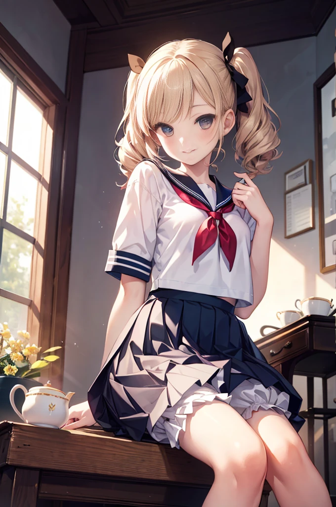 (masterpiece), 4K,beautiful girl,More than one person,Sailor suit,,Small breasts,Small Ass,Curly Twin Tails,Light bulb lighting,Realistic, skinny, Big smile,((,Wear bloomers under your skirt)),Sitting,((Pleated skirt)),Angle from below,Tea time with friends