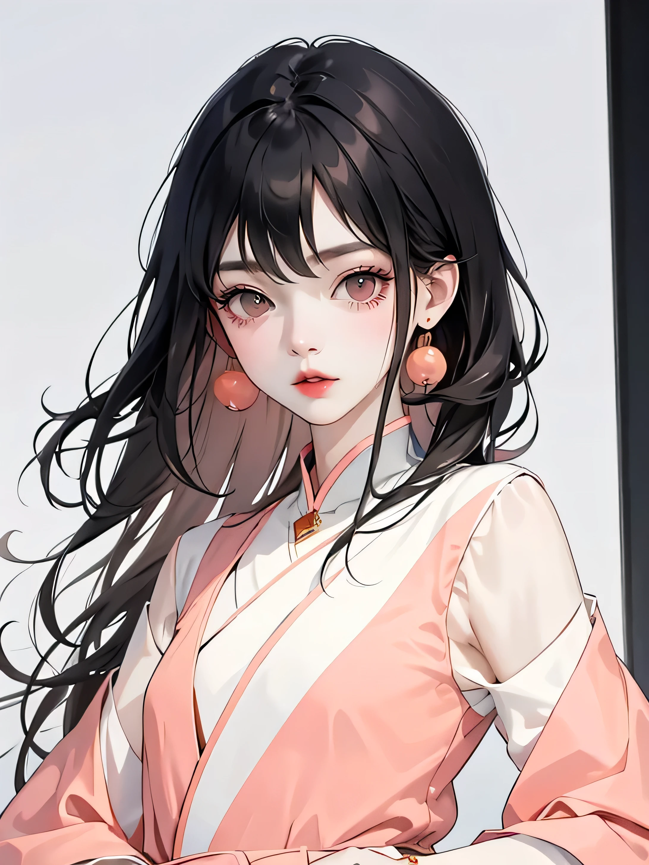 (flat color:1.1),(masterpiece:1.2), original, medium length straight black hair, peach-colored eyes, mature girl 白いドレス