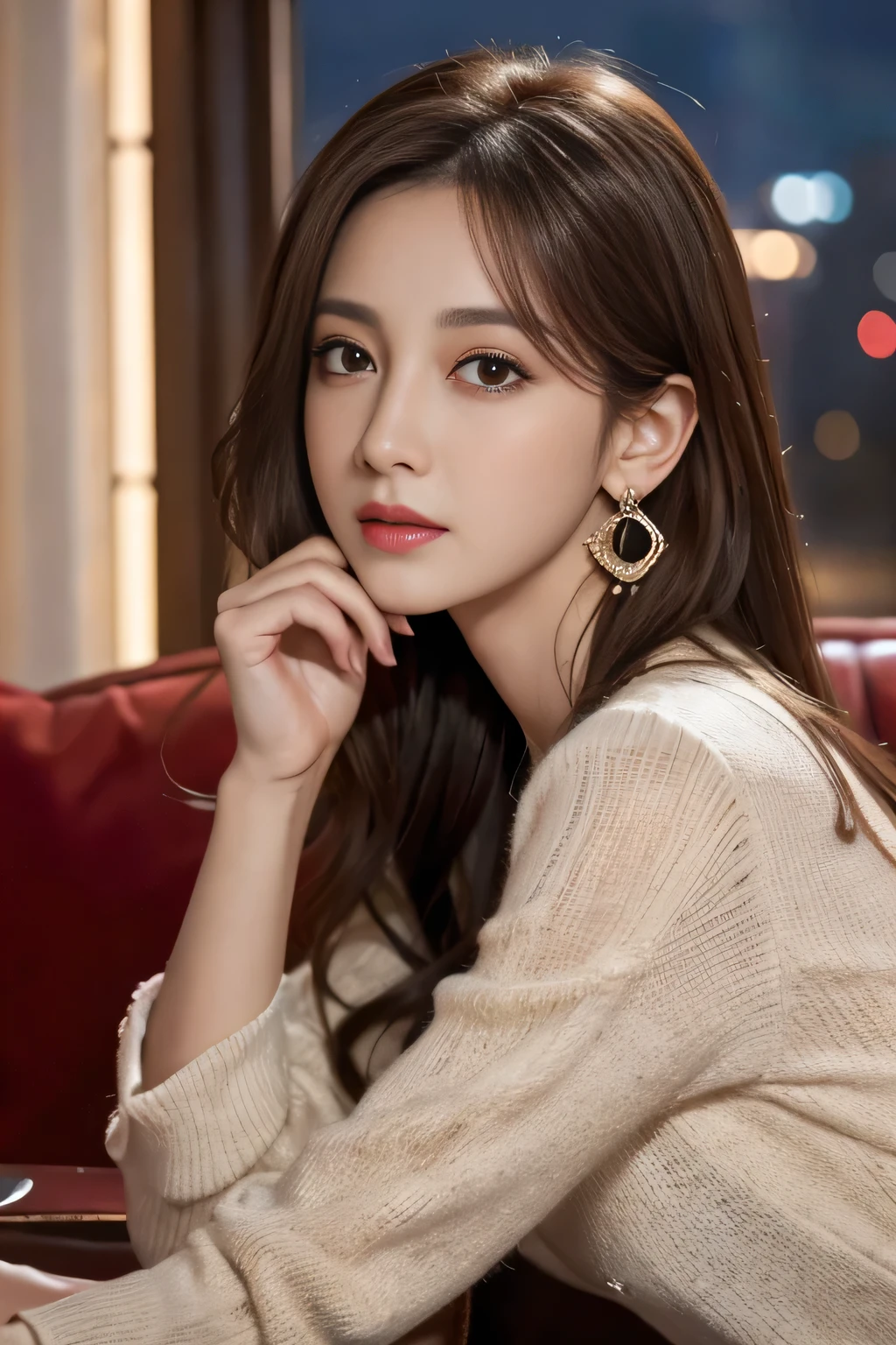 masterpiece, Highest quality, Realistic, Very detailed, Finer details, High resolution, 8k wallpaper, One beautiful woman, Wear a nice suit, In a great restaurant, At night, Light brown messy hair, Perfect dynamic composition, Beautiful and beautiful eyes、Big earrings、Sit on the sofa