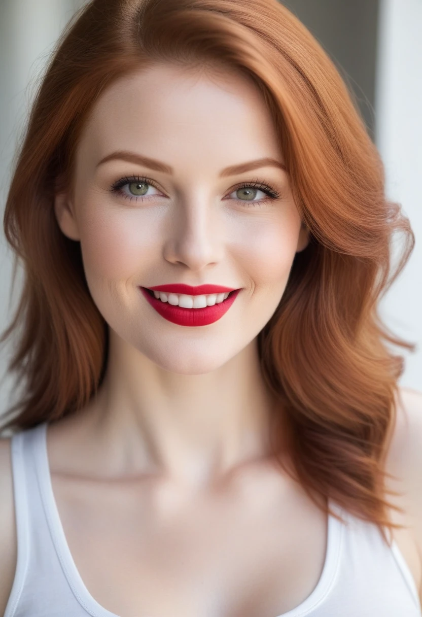  young Caucasian woman (((redhead))), (((eyes light grey))), thin face, full lips, (red lipstick), ((basic makeup))), large big and natural breasts, medium hair, seductive smile, wearing a (basic and white tank top by GAP)