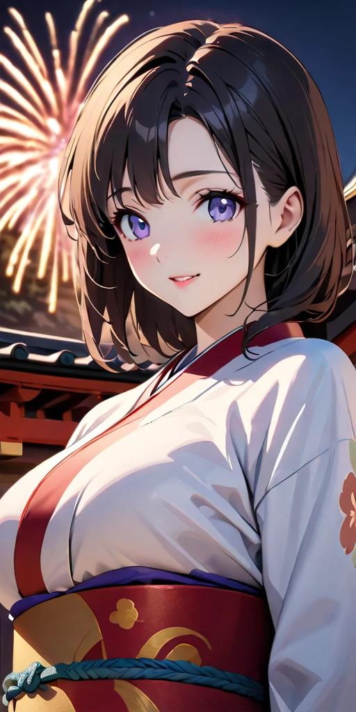 ((Highest quality、masterpiece、anime style、best quality、high resolution、8k、detailed、ultra-detailed:1.3))、Long legs:1.2, Beautiful woman with perfect figure:1.4、(Smiling:1.2), double eyelid、30-year-old female、((((One Woman,beautiful face,Beautiful face、Japanes,Japan、Kyoto、kimono、 night,upper body:1.5)))),Big Breasts、High resolution, accurate, Anatomically correct, Winner of numerous awards, High-resolution model, high quality, Very detailed, Ultra high definition, Textured skin,one moon,fireworks,Shrines, Buddhist temples,Japanese Festival