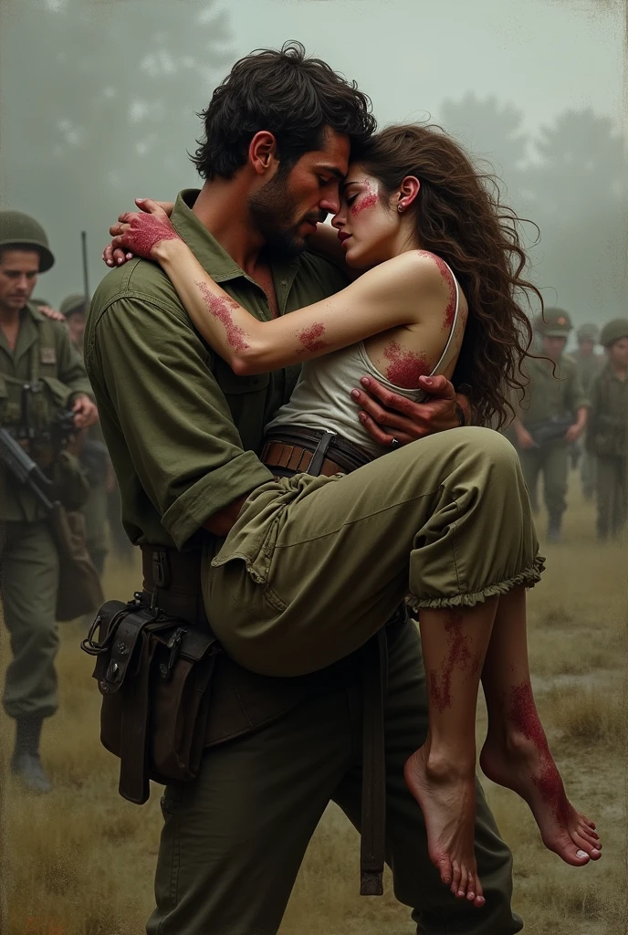 Injured woman in man's arms