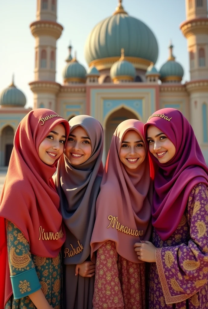 Four hijab girls of 18 years, wearing jewelleries, standing near the masjid, they are smiling, write their name Munawara, Rabab, Humaira and Zareen on their hijab in urdu