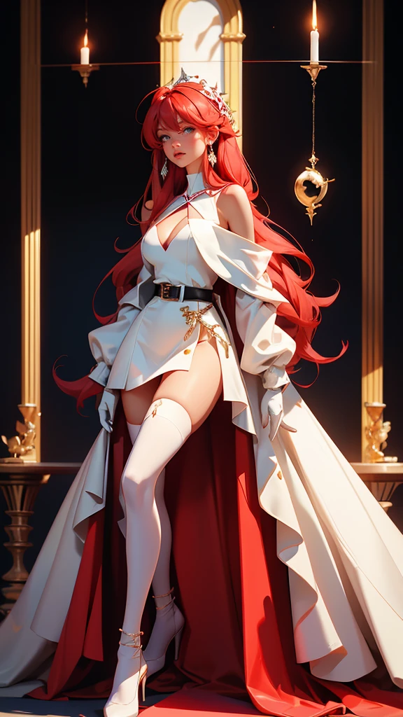 envision a 8k, highres, cinematic, beautiful full body design sheet of a girl named Elizabeth Rose Bloodflame with long red hair, ahoge, hair ornament, earrings, sleeveless dress, white dress, asymmetrical dress, see-through cleavage, white belt, white jacket, off-shoulder, blue fire, black gloves, single glove, white thighhighs, single thighhigh, against a dark background