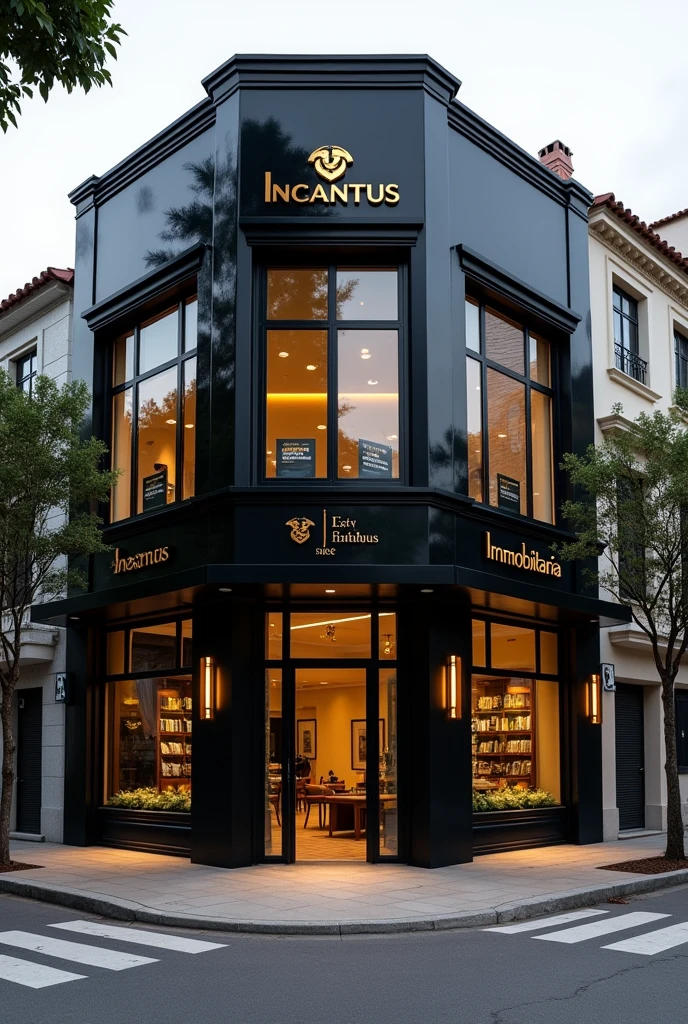 corner property , with accessible facade and sidewalks , black and gold color with Incantus Imobiliaria sign , black and gold , office ground floor