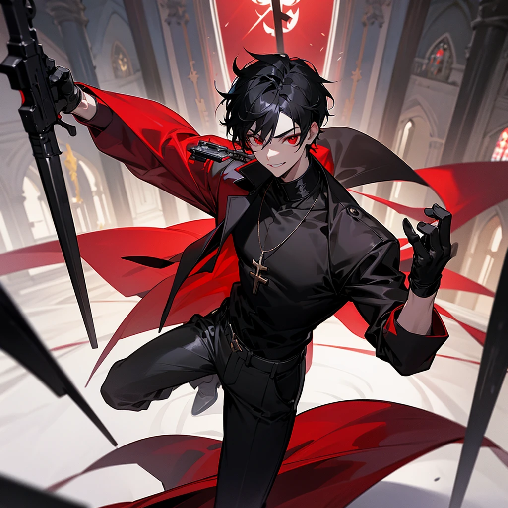 vampire boy,Red eyes, black hair, Beautiful smile, necklace with a cross, red jacket over a black t-shirt, white gloves, Black pants, black plastic boots,with a Desert Eagle pistol in his right hand,inside a church in the middle of the night