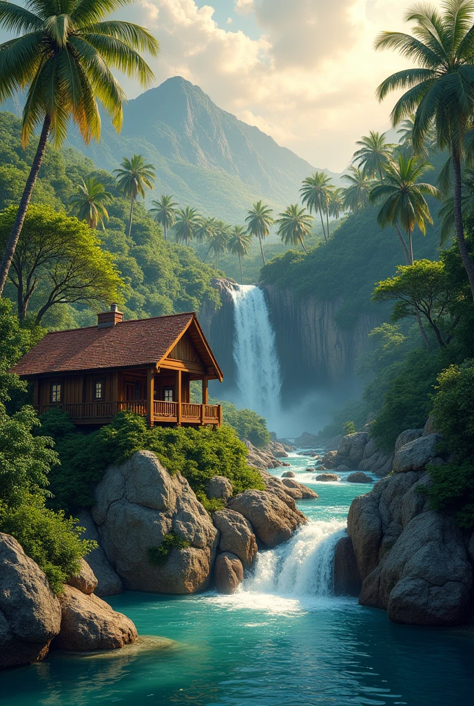 A serene tropical paradise with two small wooden houses nestled amongst lush green foliage, a cascading waterfall flowing into a crystal-clear river, and the sun setting behind a mountain range, creating a warm and inviting atmosphere.  [Digital Painting, Realistic, Photorealistic], [Inspired by the work of Thomas Kinkade], [Warm color palette, soft lighting, focus on the waterfall and the river, detailed textures, smooth transitions, a sense of peace and tranquility]
