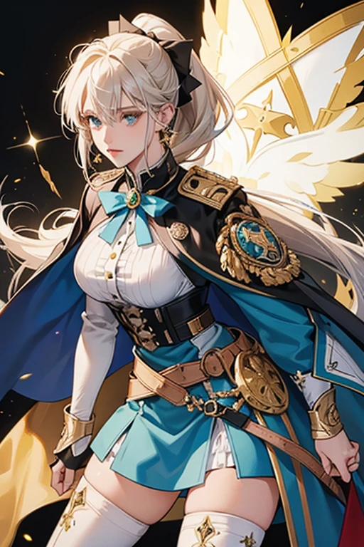 Jean's silver blond hair is tied back into a high ponytail with a black bow. On her ears, she wears a pair of gold cross earrings.

She wears a strapless shirt with a long blue tailcoat attached to it, a pair of separate white sleeves, a short blue and gold cloak attached to a white collar, white tights embroidered with a gold diamond-dot pattern, a pair of white high-heeled knee-high boots, and a pair of blue gauntlets. Her shirt is white with red sections and black and gold trim, and there is a golden Knights of Favonius crest on the front. Her Vision hangs off her belt at her back on her left.

Glowing Ornaments
While wearing Favonian Devotion, when Jean's Elemental Burst is ready, the green gem on her collar and the two green gems on her belt will glow along with her Vision. SPARKLE; GLITTER