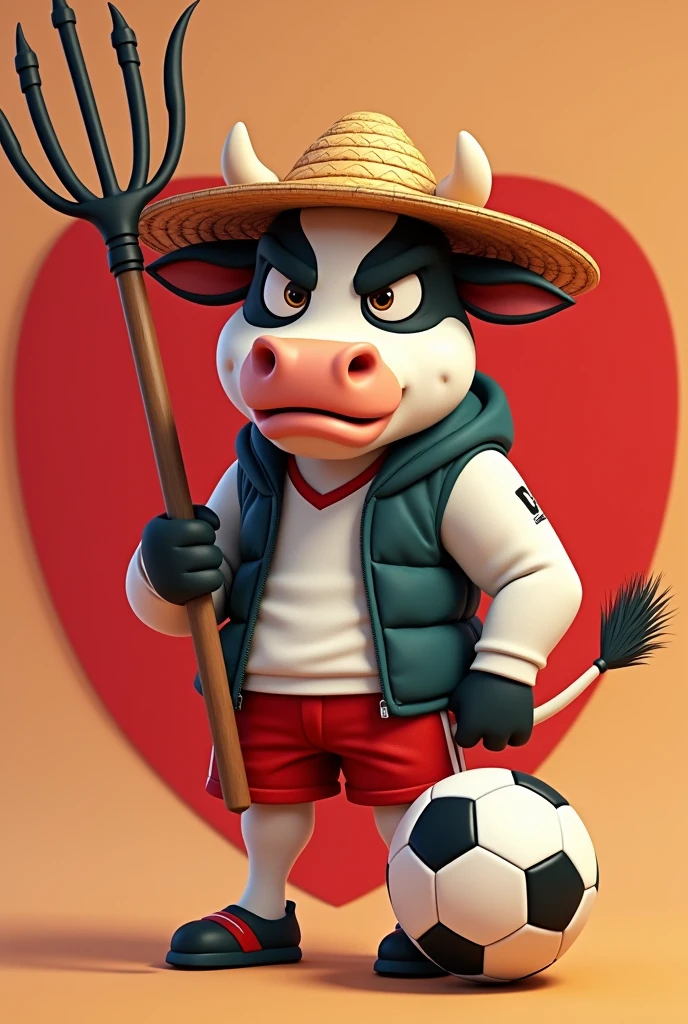 Animation of a team mascot. It will be an angry and angry cow with a straw hat, holding a sugarcane hoe in sportswear and a soccer ball at his feet, all this inside a background heart.