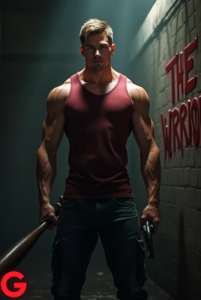 Digital artwork featuring a muscular man with light skin and a stern expression, standing in a dimly lit environment. He has short, light brown hair and is wearing a sleeveless, dark red vest, showcasing his defined abs and muscular arms. In his right hand, he holds a baseball bat, and in his left, a small metallic object. The background is dark, with a spotlight effect on the man, creating dramatic shadows. The words 'the Warriors' are spray-painted in red graffiti-style text on the wall to the right. A red logo resembling the letters 'i' and 'g' is positioned in the bottom left corner. dramatic lighting, cinematic composition, extremely high quality, 8k, photorealistic, award winning digital art