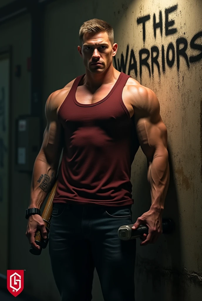 Digital artwork featuring a muscular man with light skin and a stern expression, standing in a dimly lit environment. He has short, light brown hair and is wearing a sleeveless, dark red vest, showcasing his defined abs and muscular arms. In his right hand, he holds a baseball bat, and in his left, a small metallic object. The background is dark, with a spotlight effect on the man, creating dramatic shadows. The words 'the Warriors' are spray-painted in red graffiti-style text on the wall to the right. A red logo resembling the letters 'i' and 'g' is positioned in the bottom left corner. dramatic lighting, cinematic composition, extremely high quality, 8k, photorealistic, award winning digital art