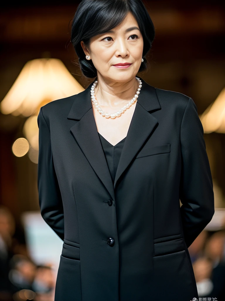 (Highest quality, 8k, Best image quality), Beautiful and elegant mature woman, Full body photo of a Japanese woman, Beautifully detailed face, Standing Elegantly (All black suit-type mourning attire:1.5), (Pearl Necklace:1.2), clavicle, (Fascinating, Shiny, Sexy Mature), (A perfect composition depicting the most beautiful woman:1.3), Plump body, (Romantic and atmospheric warm lighting:1.2), compensate;1.5, The most beautiful and elegant hairstyles, (Accurate anatomy:1.1), Blurred Background, 