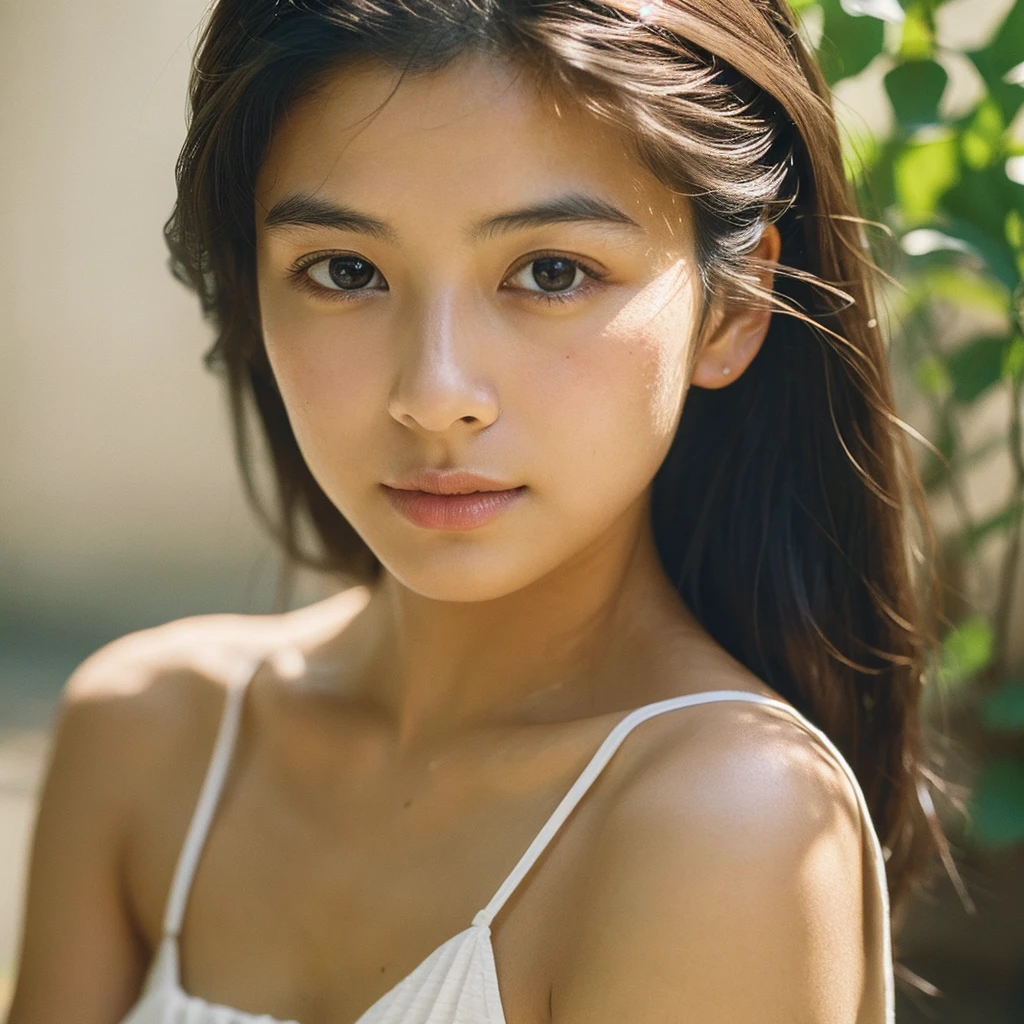 A hyper-realistic close-up image of a single Japanese woman in her early 20s, captured with the nostalgic warmth and subtle graininess of a film camera, focusing on her face and shoulders. Her skin has a warm beige tone with a natural, slightly rough texture that includes visible pores, fine lines, and subtle imperfections such as small blemishes, adding to the authenticity of her appearance. The soft, diffused natural light typical of a sunny summer day casts gentle, warm shadows on her face, enhancing the film-like quality while maintaining the realistic texture of her skin. Her straight, glossy black hair is slightly tousled by a gentle summer breeze, framing her face naturally. She is wearing a light, summery outfit, perhaps with straps visible at the shoulders, that complements her natural beauty and suits the warm weather. The film camera effect introduces a slight grain and a softer focus, giving the image a warm, nostalgic atmosphere while preserving the realism of her skin and features. The overall composition captures the serene and effortless elegance of a summer day, with the focus on the realistic texture of her skin and the timeless quality of the film camera aesthetic.