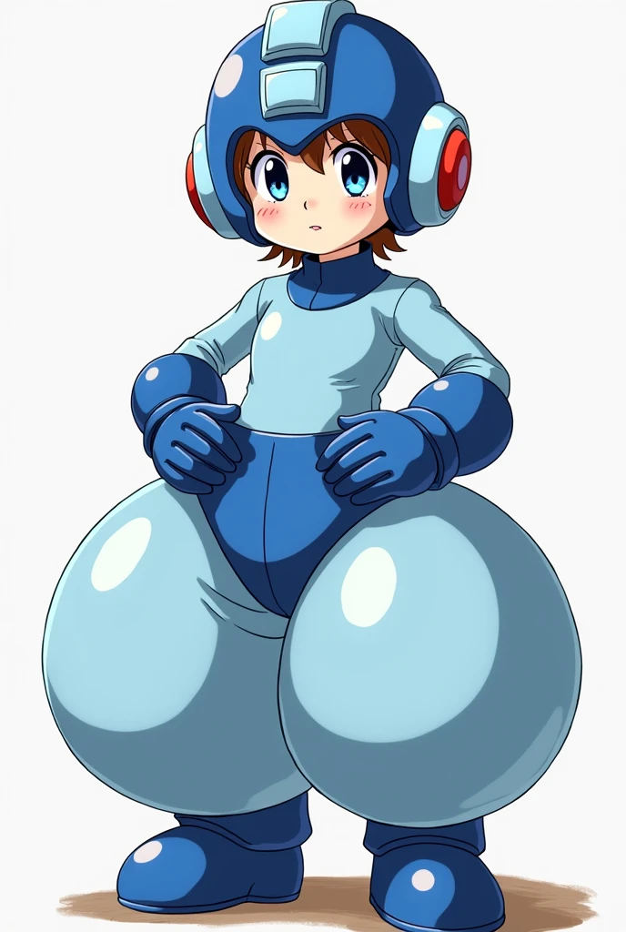 boy, arounwn hair, blue eyes, anatomically perfect hands, anime style, wearing a Megaman outfit consisting of a light blue leotard, humongous inflatable satin princess Jasmine-style 4-yard harem pants, royal blue ankle boots, royal blue gloves, royal blue large rounded coverings on the lower arms, royal blue Megaman helmet, and a huge inflatable royal blue satin diaper. His helmet has a raised light blue square in the forehead and a light blue rectangle running straight back from the square, resembling an exclamation mark. His helmet also features round light blue sections with red circles in the center over his ears. The pants are very puffy and very round, the diaper is extremely puffy and completely round and completely spherical. High quality.