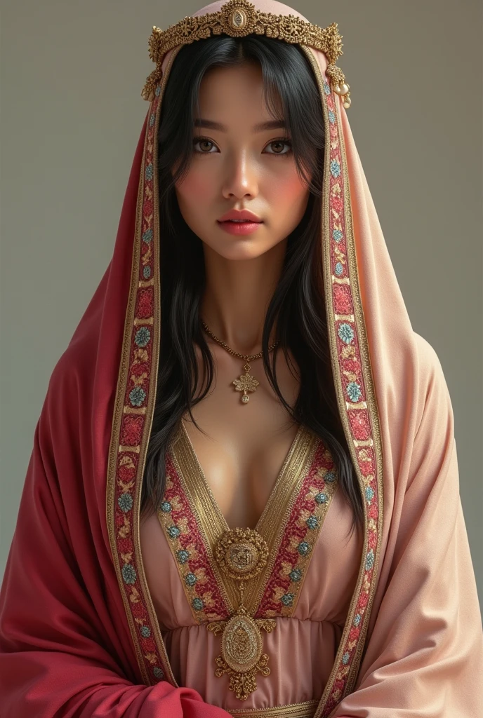 1 25 years old beautiful woman with long hair posing for a picture, So good raw photo, Beautiful long hair woman, A very beautiful woman, She is blushing and making a kissy face, Her face is turned upwards, Well-cared for beautiful long hair, 16K Ultra Realistic Portrait, Photograph from the front of her, Camera angle of view from above, Smooth long hair beautiful woman, She is slim figure top model and famous movie actress, She has a very fine and smooth skin, Breast enhancement, ((((1 Turkmenistan woman)))), The eyebrows are raised and furrowed, She has bittersweet feeling, Glossy long hair, Super thinly opened eyes are moist and droopy, She is looking up at the viewer from below, Her thick plump and shiny lips are half-opened, Close-up photo of face, A person in the center left and right, The whole head is shown, She is wearing a Turkmenistan traditional coat made of silk material called a kurte decorated with beautiful embroidery that covers the whole body and ornaments, Perfect Makeup, Professional lighting like movies in a dark room