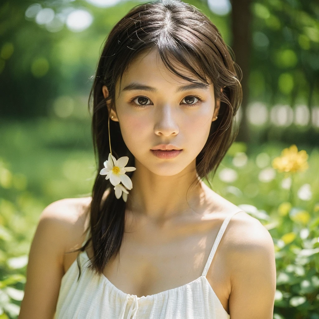 A hyper-realistic close-up image of a single Japanese woman in her early 20s, captured with the nostalgic warmth and subtle graininess of a film camera, focusing on her face and shoulders. Her skin has a warm beige tone with a natural, slightly rough texture that includes visible pores, fine lines, and subtle imperfections such as small blemishes, adding to the authenticity of her appearance. The soft, diffused natural light typical of a sunny summer day casts gentle, warm shadows on her face, enhancing the film-like quality while maintaining the realistic texture of her skin. Her straight, glossy black hair is slightly tousled by a gentle summer breeze, framing her face naturally. She is wearing a light, summery outfit, perhaps with straps visible at the shoulders, that complements her natural beauty and suits the warm weather. The film camera effect introduces a slight grain and a softer focus, giving the image a warm, nostalgic atmosphere while preserving the realism of her skin and features. The overall composition captures the serene and effortless elegance of a summer day, with the focus on the realistic texture of her skin and the timeless quality of the film camera aesthetic.