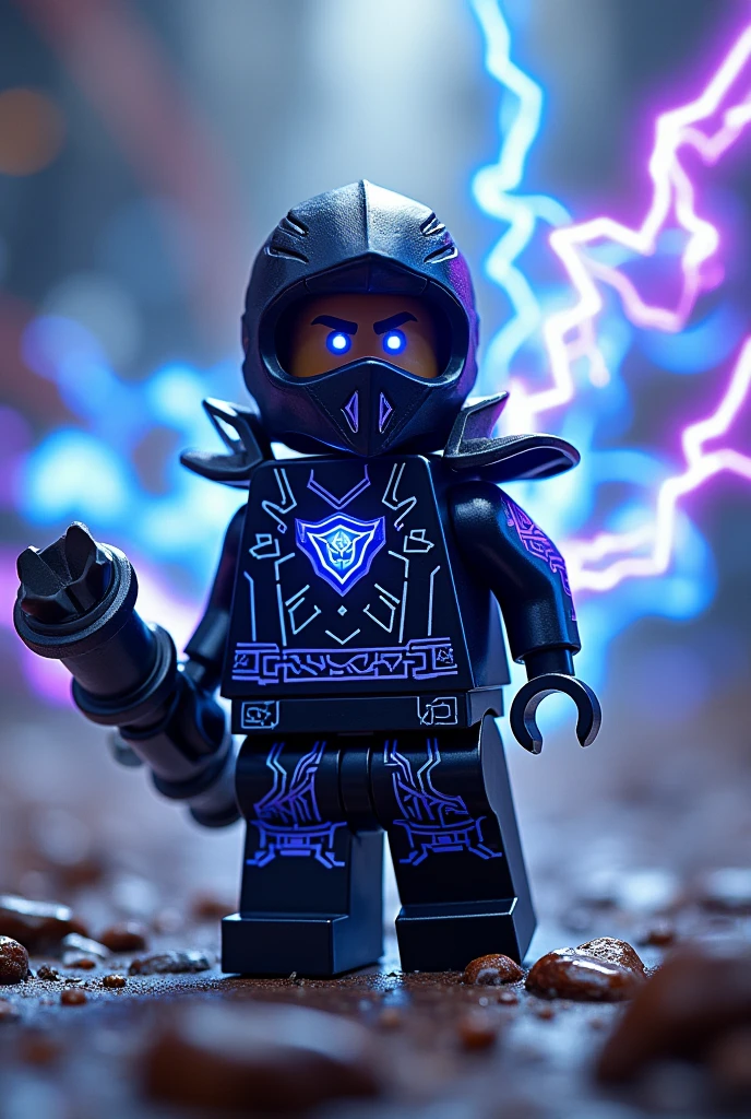Créer moi un lego ninja go futuriste avec un masque de couleur bleu et noir sur la tête avec une puissance incroyable avec comme puissance élémentaire la foudre l’énergie la terre le feu l’eau la glace et la lumière. Les habits du ninja doit être en violet et bleu avec des reure en forme d’électricité avec une peau noir et un regard terrible sombre avec des yeux lumière brillant. Un ninja imbattable monstrueux beaucoup trop puissant qui contrôle tout les pouvoirs élémentaire extraordinaires. Avec la mega arme ultime dans une main et dans l’autre des pouvoirs d’énergie foudre glace et feu