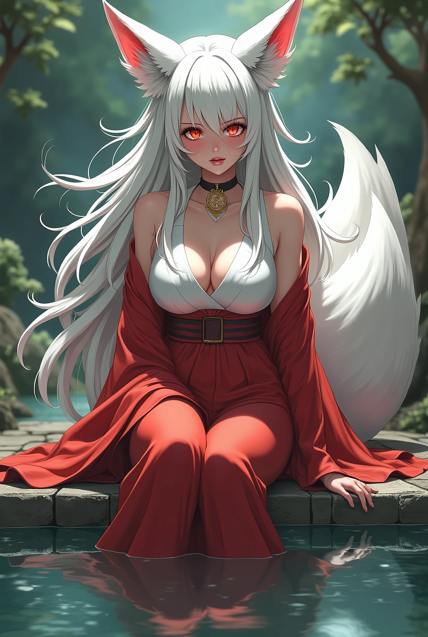 1 girl(masterpiece,top quality,best quality,official art,Beauty and aesthetics:1.2),white hair,red eyes,long hair,ponytail,big sister,tall figure,enchanted,enchanting,Flushed complexion,Feminine smile,Very, very big,super gigantic breasts,Breasts larger than the head,Red and white kimono,white socks,clogs,Off the shoulders,cleavage,Large red bow,fox ears,Nine fox tails,Sitting on the stone steps by the water Pregnant, outfit partially removed, exposed breasts, lactating breasts, crying with scared expression on face.