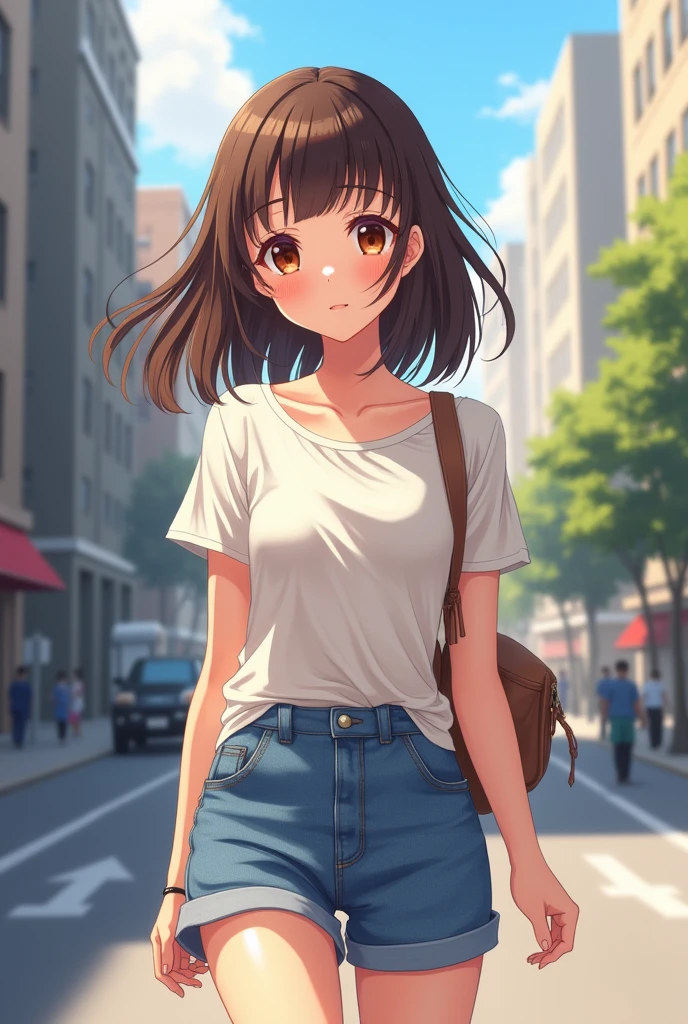 A pretty girl with bright brown eyes, with her channel cut hair and dark brown hair color, with a height of 1'60, she was walking calmly on the street, anime drawing