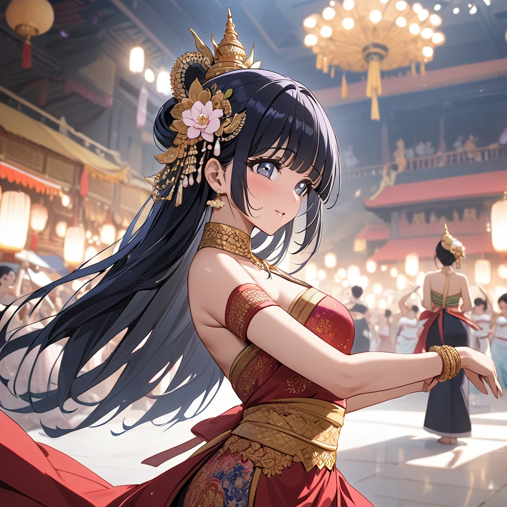 ((Highest quality)), ((masterpiece)), (detailed), (Perfect Face)、The woman is Reika Aoki with semi-long hair、A woman is wearing a Thai dance costume and dancing the Thai dance Ram in Thailand