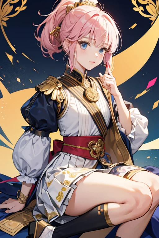 Ayaka's hair is tied in a high ponytail by a black armored headdress accented with gold. The chin-length locks of hair framing her face are tied at ear-level with white accessories bordered with gold and fastened with bright pink cords tied in cloverleaf knots.

Ayaka white short hair wears a royal blue pleated knee-length skirt embroidered with an assortment of patterns, bearing gold accents and small white flower print with a pair of white shorts with a lace trim at the base underneath, and black geta sandals with ankle-length white socks decorated by pink cloverleaf knots at the back. She has a black breastplate with a golden Kamisato Clan emblem in the center and matching armor platings on the sides of her skirt. Underneath her breastplate is a loose elbow-length shirt with gradients of blue to white. Her cuffs and collar on her top are navy with a variety of gold stripes. She wears black sleeves underneath the loose shirt, sling over her middle fingers, and covering both of her thumbs. On top of her black sleeves are white armored platings lined by gold metal, tied together by red knots. At the back of her outfit is a large royal blue bow, tied together by her Vision and another bright pink cloverleaf knot. The lower half of the ribbons darken in color with gold markings of the same type seen throughout Inazuma.

She also carries around a gold-navy fan that matches her skirt. The fan is seen in one of her idle animations. SPARKLE; GLITTER