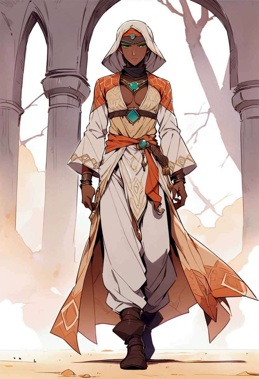 Arabian guy with dark tanned skin, green eyes, snake fangs. Dark leather chest piece.