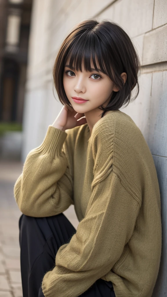 ,(Highest quality, Very detailed, masterpiece:1.2), 1 women, Very thin body, length, Thin legs, ((Black short hair:1.2)), ((Thick and fluffy bangs)), Very detailedな顔,A faint smile, small, Thin Nose, small thin mouth, Extremely sharply focused eyes, Japanese, Beautiful Face, Realistic eyes, Beautiful and beautiful eyes, Realistic Skin, Beautiful Skin, charm, (A vivid face), Beautiful Hairstyles,The theme is "Autumn Darkness and Light". The main colors will be deep browns and olive greens with black accents. Tops are loose-fitting brown knit sweaters or oversized sweatshirts with discreet graphics. Bottoms are olive green slim-fit pants or wide black pants with zippers and patches designed on the sides。,Creepy and unique hairstyles, High resolution, Vibrant color palettel, Amazing place