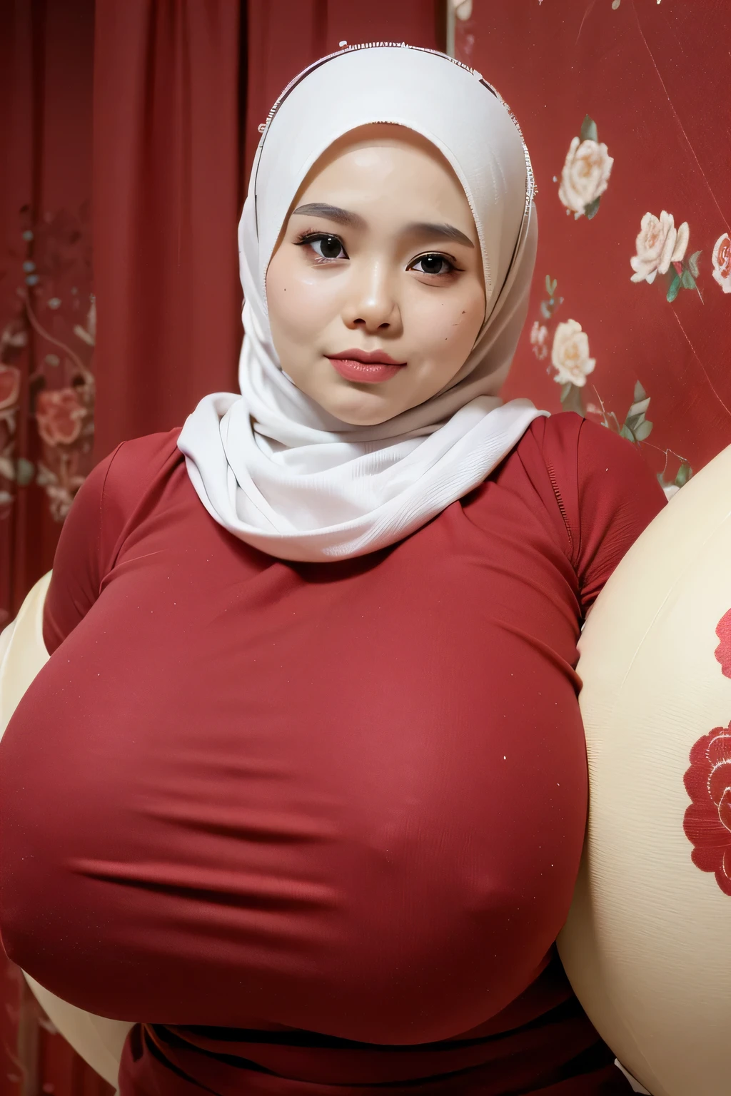 Jumbo (Oversized), Chubby adorable, 1 girl, (face to face), , baby face, angry face expression, half body portrait, (face details: 1), (eye details: 1), (()). wearing transparent transparency soft long shirt, hijab, .. Cute posed. proportional body. Ultra High Res. realistic: 1.4, UHD, ((flowers pattern)), ((Bigger:2.3)), (((RED BACKGROUND)))