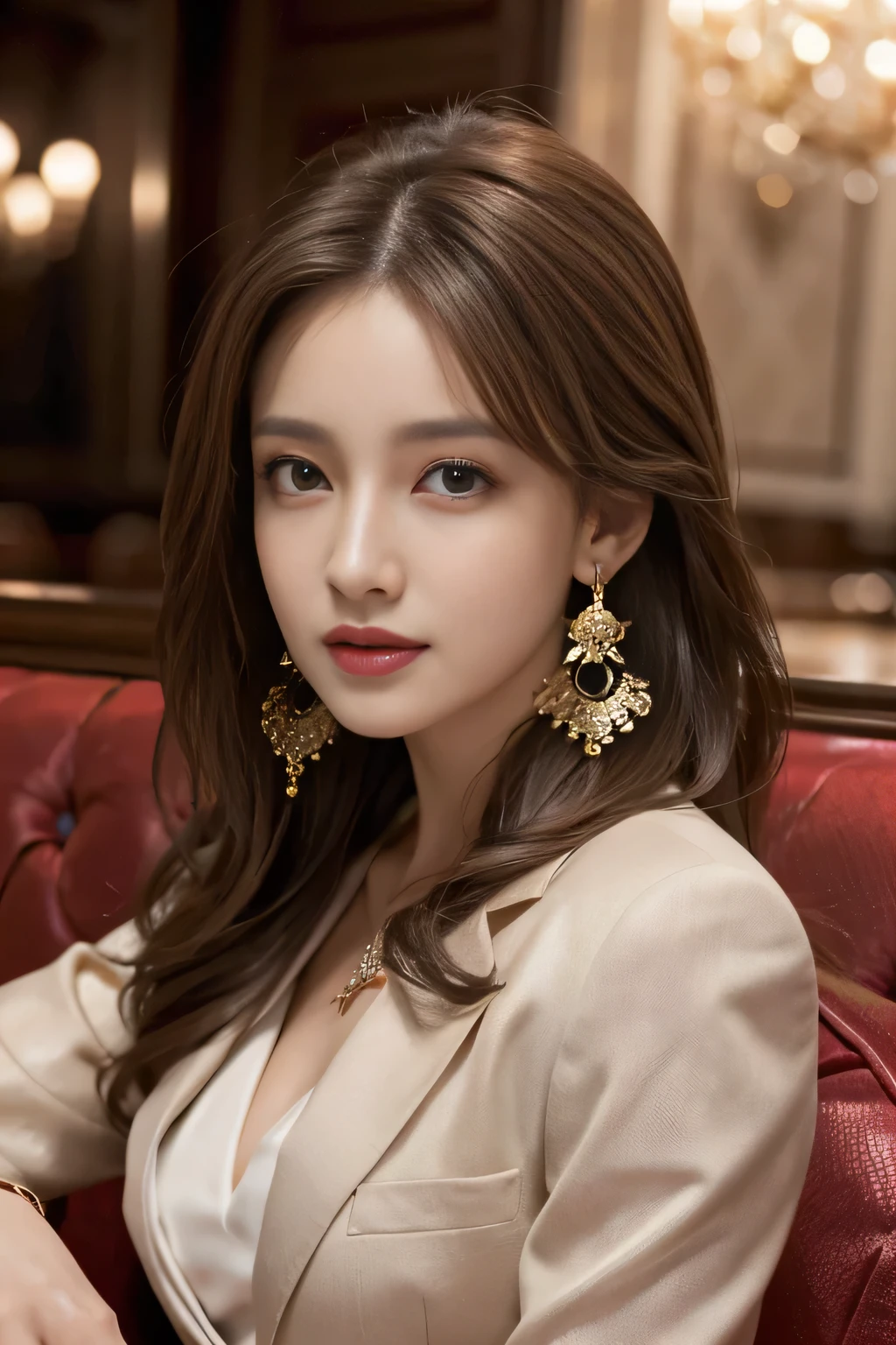 masterpiece, Highest quality, Realistic, Very detailed, Finer details, High resolution, 8k wallpaper, One beautiful woman, Wear a nice suit, In a great restaurant, At night, Light brown messy hair, Perfect dynamic composition, Beautiful and beautiful eyes、Big earrings、Sit on the sofa