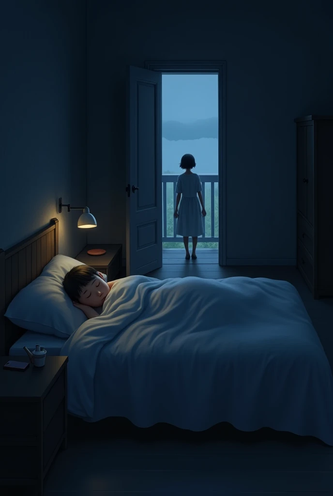 Big brother was sleeping in bed and this brother was go out in bed and open the door. Night time 
