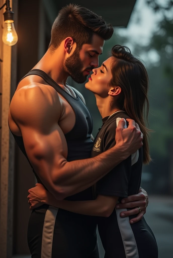 Photo realistic image of handsome 40 year old white teacher, tall and beardless, muscled guy on a date in tight sports uniform on his big hairy muscular legs in love with a student boy teen young slim uniformed guy kissing