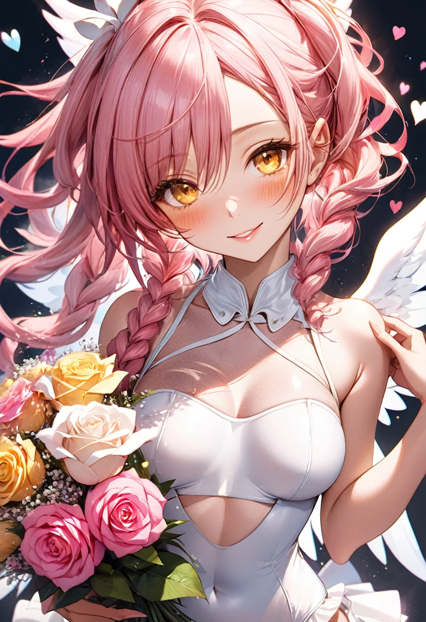 (perfect natural beauty style), (pov, focus face, close up face, solo:2, 1000yo) (dark Sunburned skin:1.5), (detailed Dreadlocks:1.4) (immensely beautiful pink hair long hair), (best sexy elf woman) (immensely sexy yellow eyes) (ecstasy smile) (glossy lip) (small tits), in a best cute white angel leotard with double exposure:1.2 love hearts, break, hand holding a beautiful detailed big bouquet of white rose, break, ((background font is "Thanks")), BREAK, perfect anatomy, masterpiece, best quality, 16k, beautiful detailed thanks, daydreaming expression.
